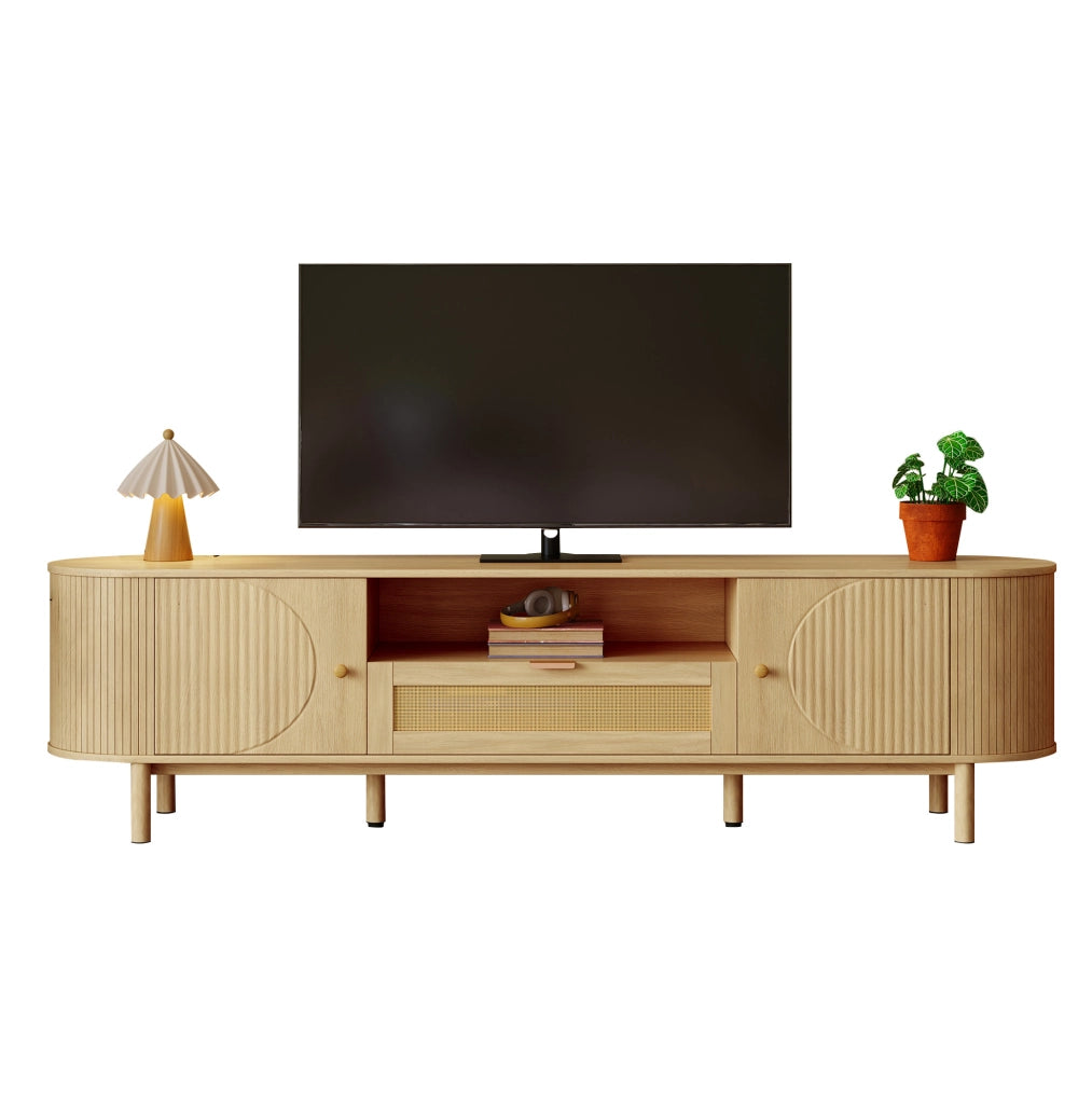 Mobile TV in MDF naturale con cassetto in rattan, ante e passacavi, 175 cm