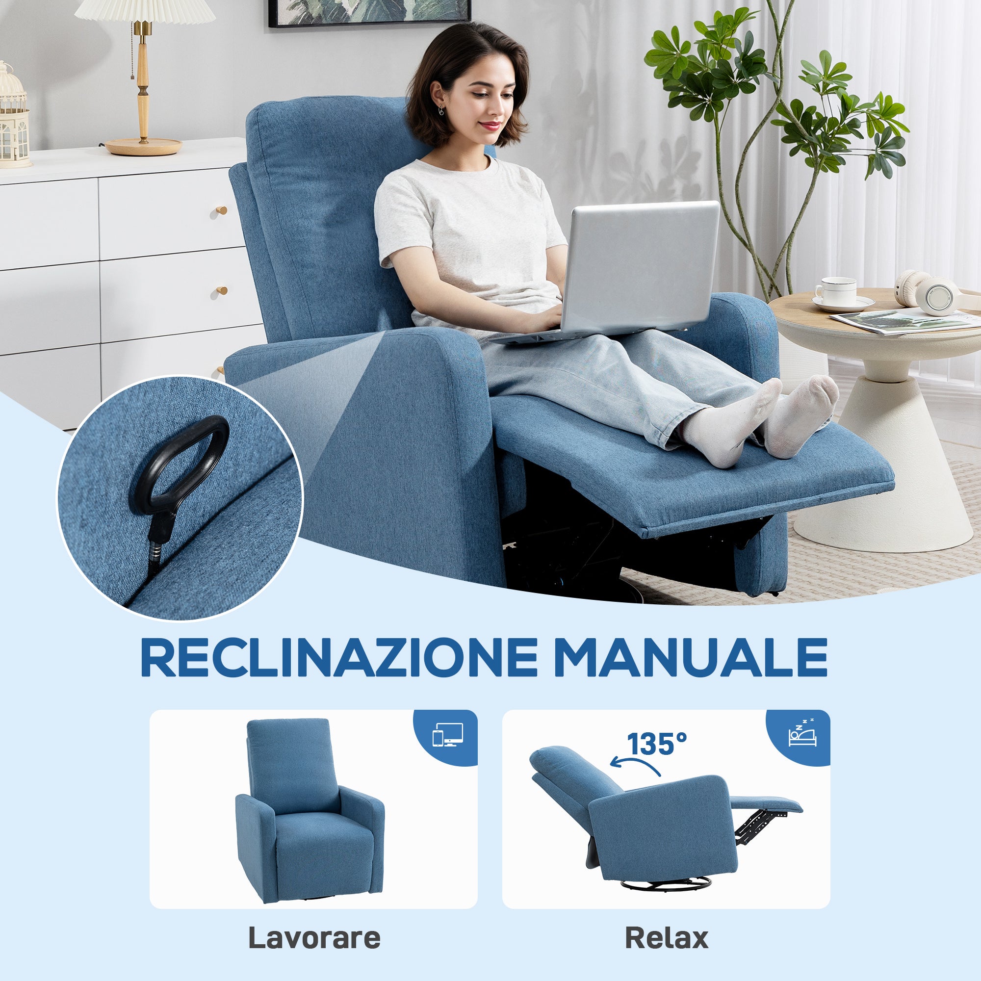 Poltrona Relax Reclinabile Manualmente a 135° Girevole a 360° con Funzione Dondolo Blu