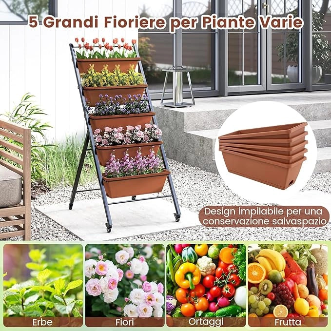Letto da Giardino a 5 Livelli con 5 Contenitori per Piante, Drenaggio dell'Acqua e Ruote, Fioriere Rialzate in Metallo e PP per Verdure, Fiori ed Erbe, da Patio, Terrazzo e Balcone