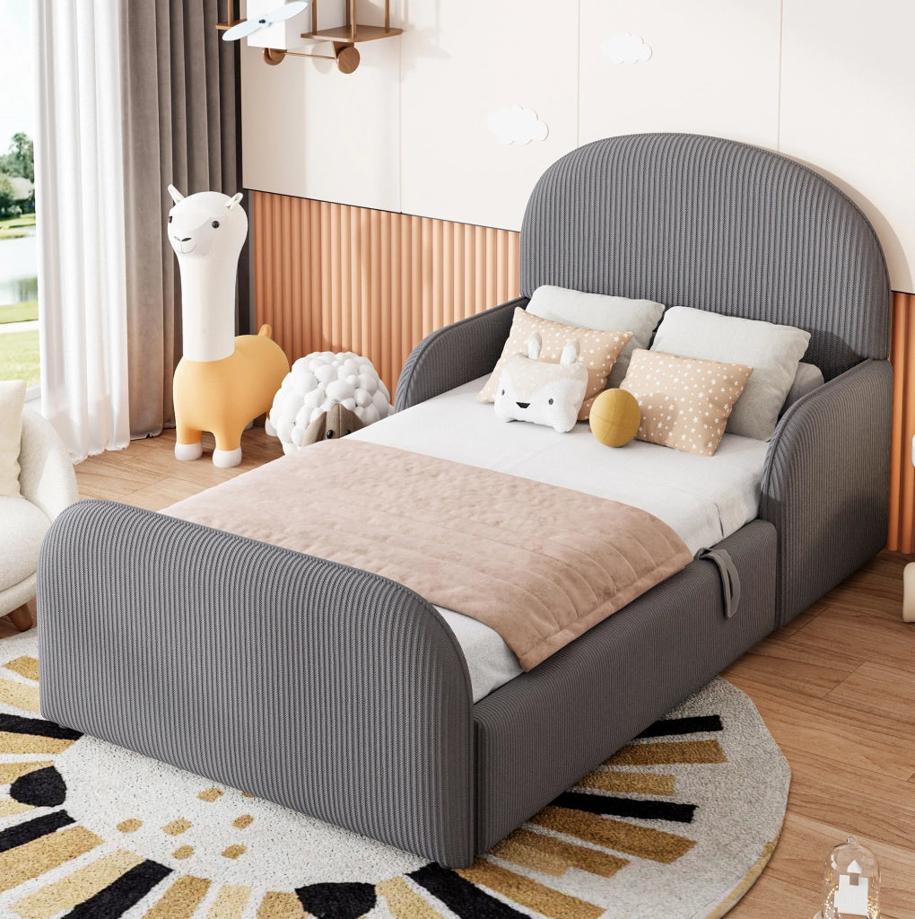 Letto imbottito 90x200 cm con contenitore idraulico; testiera alta in velluto grigio