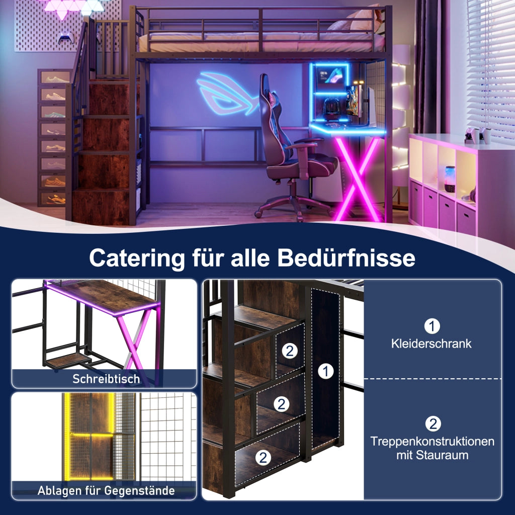 Letto a castello nero in metallo con funzione illuminazione LED estraibile 90x200 cm