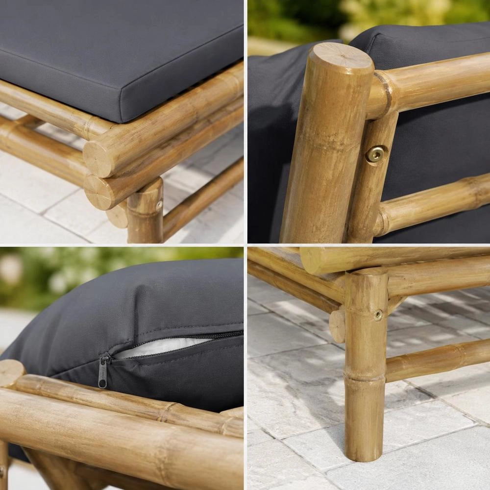 Garden Bench With Dark Grey Cushions, Bamboo