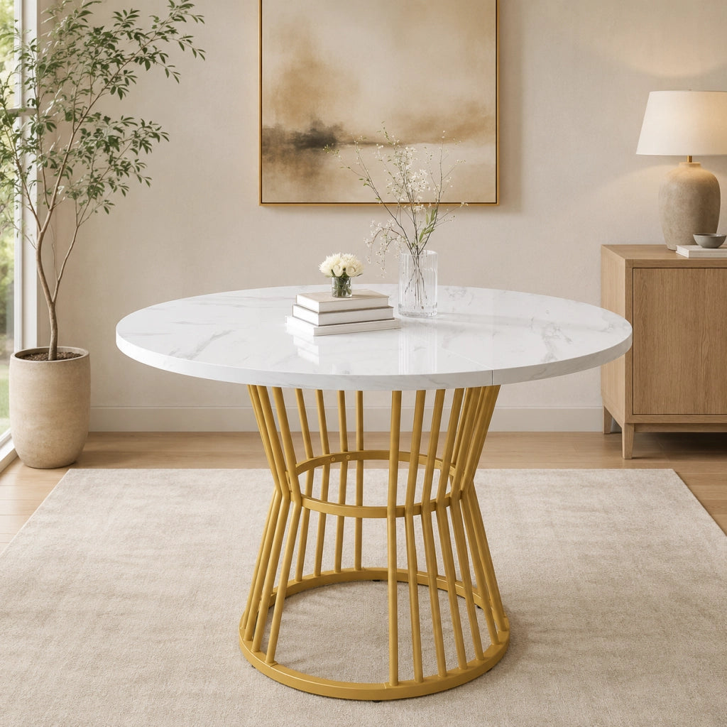 Tavolo rotondo ? 100 x 75 cm con piano effetto marmo in MDF bianco