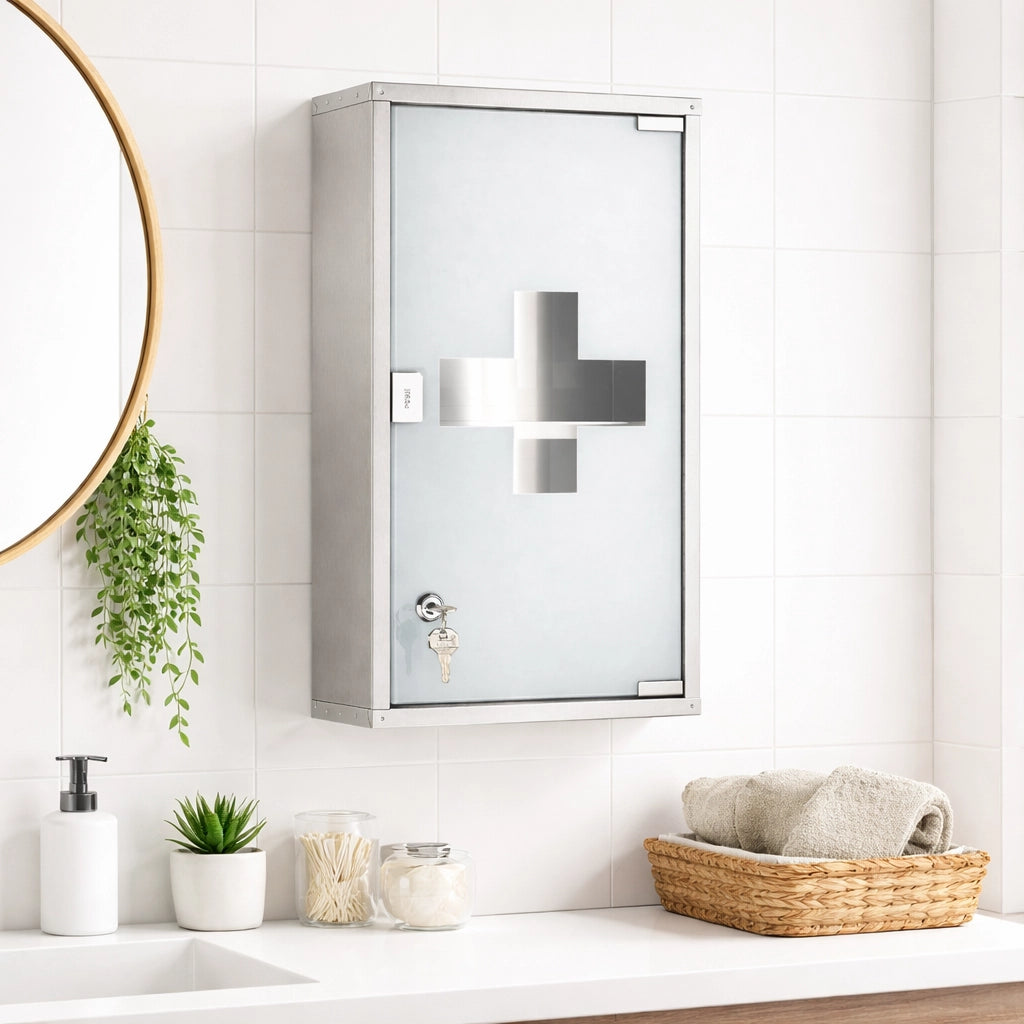 Armadietto Porta Medicinali Acciaio Inox e Vetro Satinato 65x36x17 cm con Chiave