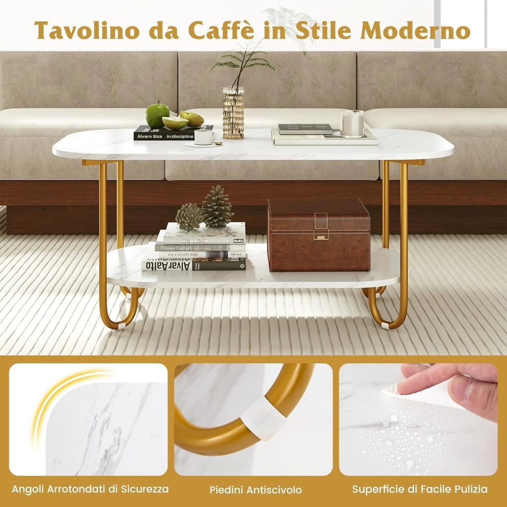 Tavolino da Caffè per Salotto a 2 Livelli, Tavolino Basso Rettangolo con Piano Effetto Marmo, Tavolino da Divano Moderno per Soggiorno,100 x 50 x 45 cm, Bianco e Oro