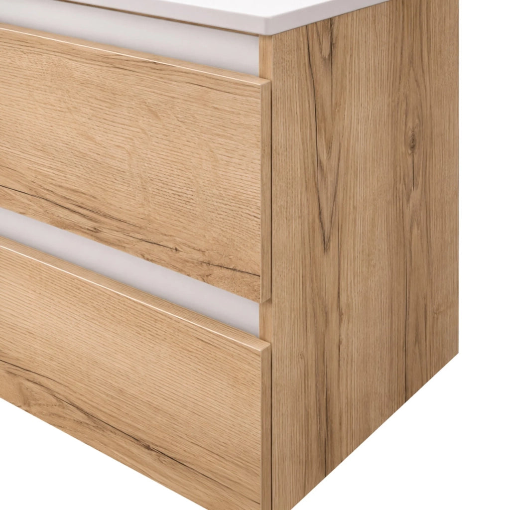Mobile bagno sospeso 120 cm quercia e bianco due cassetti e doppia vasca Sumya