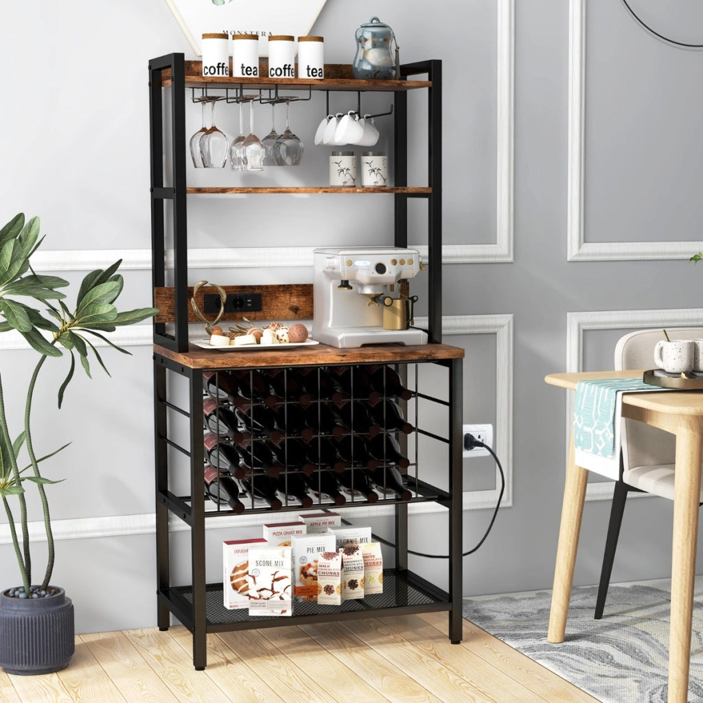 Mobile bar vino con 4 ripiani porta calici porte USB prese struttura in metallo, Portabottiglie industriale Marrone