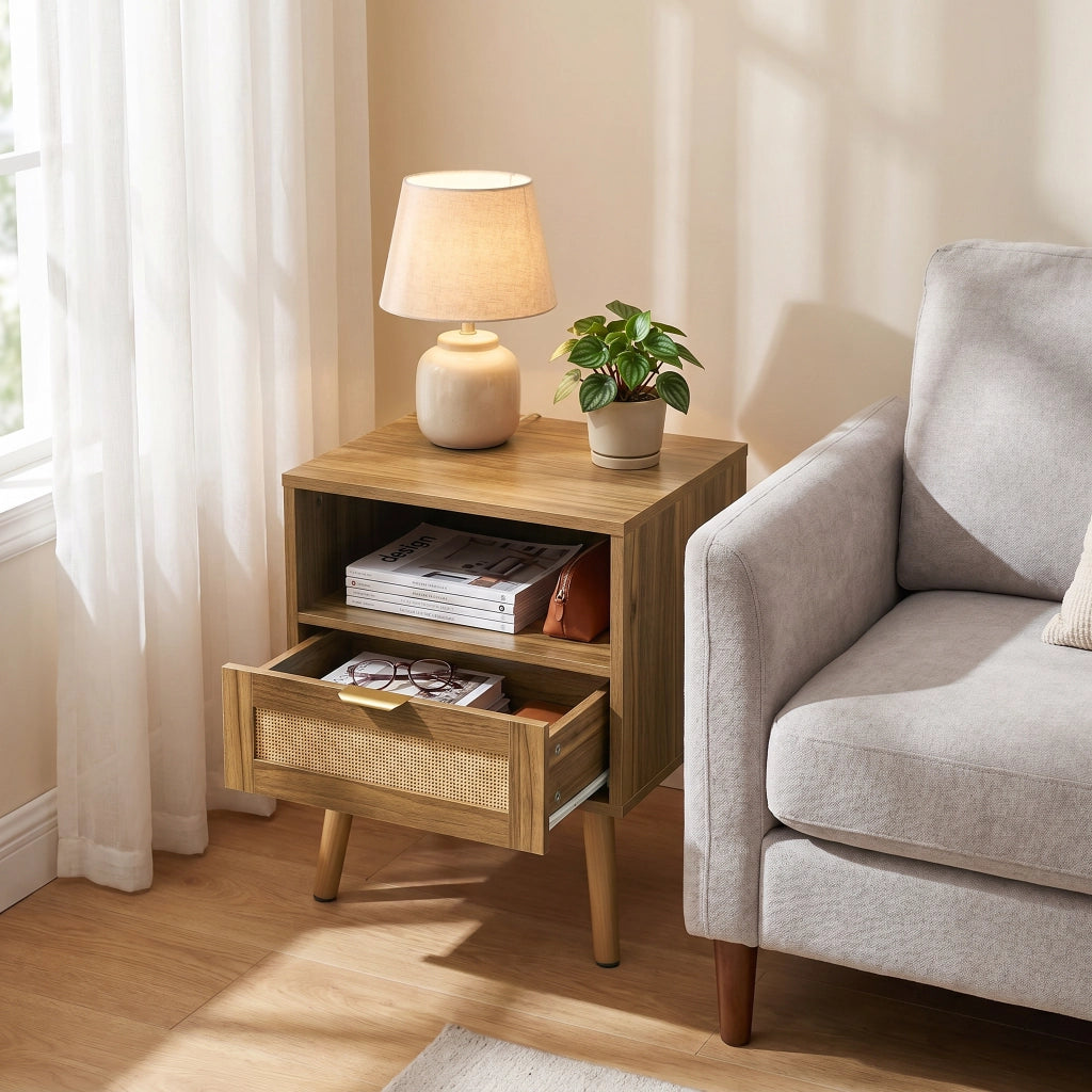 Comodino con 1 cassetto e vano aperto - in MDF e rattan - noce - 45x40x55 cm