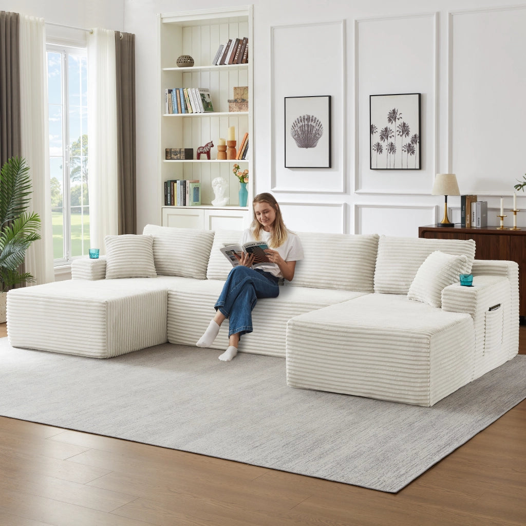 Divano modulare a U per soggiorno con seduta profonda e supporto ergonomico senza montaggio in velluto a coste beige