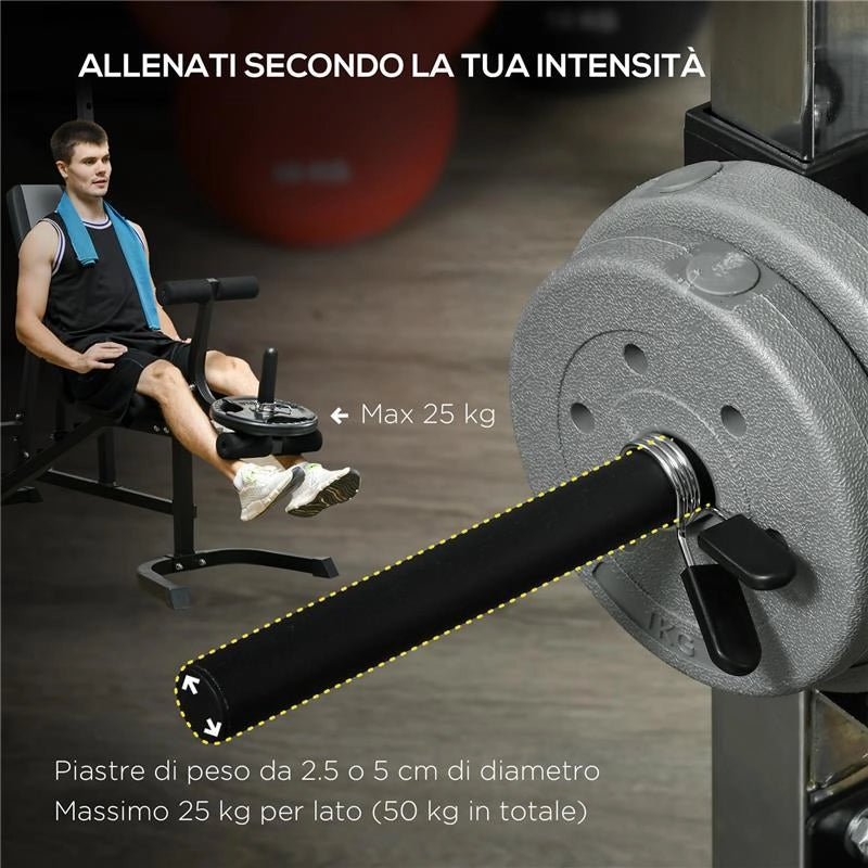 POWER TOWER MULTIFUNZIONE CON PANCA PER ADDOMINALI E PORTA BILANCIERE REGOLABILE, NERO
