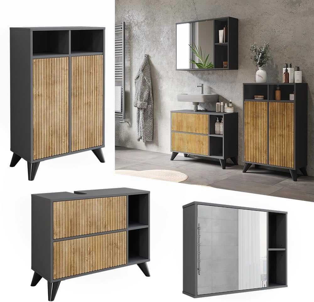 Set di mobili da bagno Leano, Antracite/quercia di montagna, 80 cm, composto da mobile sottolavabo, specchiera e mobile medio
