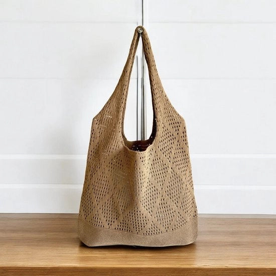 Tas da Bagno con Tessuto a Maglia per Donna Estetica Mesh Tasca Hippie Tasca con Intreccio Khaki