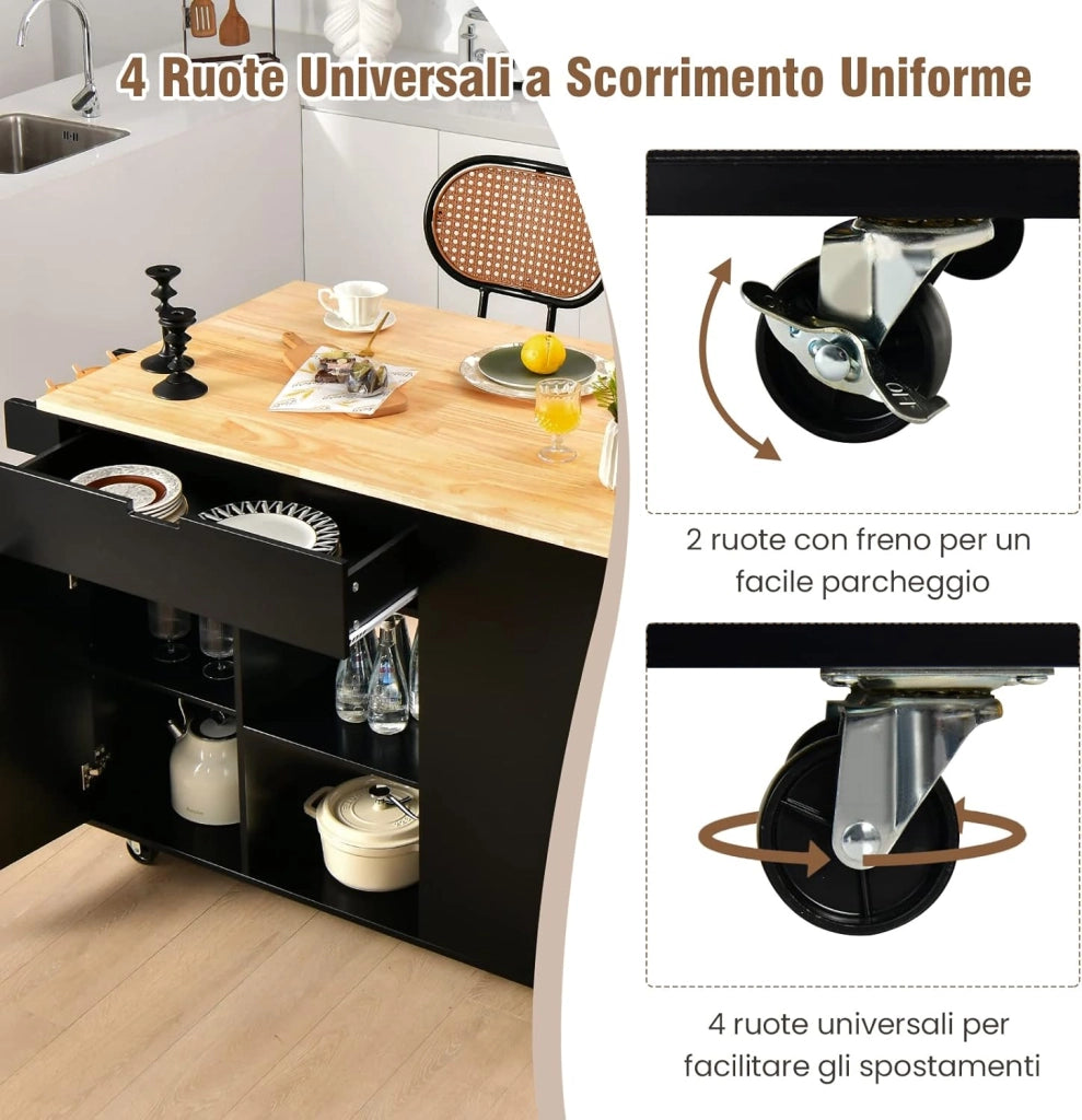 COSTWAY Carrello da Cucina con Cassetto, Carrello Servizio con Ripiano Aperto e Pieghevole, Carrello Multiuso con Ruote e Portasciugamani, 124x76x92 cm (Nero)
