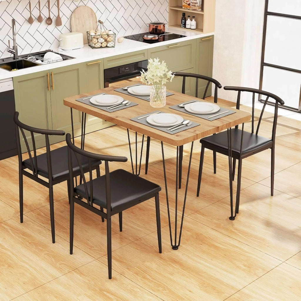 Set da Tavolo e Sedie da Pranzo, Tavolo da Cucina Industriale con 4 Sedie Senza Braccioli con Seduta Imbottita, Schienale a Raggiera, Set 5 Pezzi Mobili Salvaspazio per Sala da Pranzo