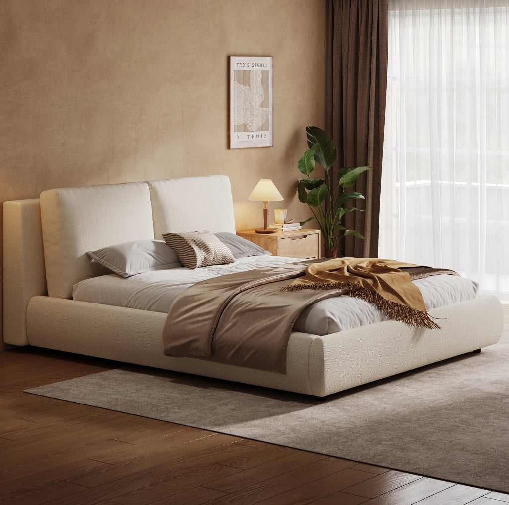 Letto imbottito beige in bouclé con rete a doghe