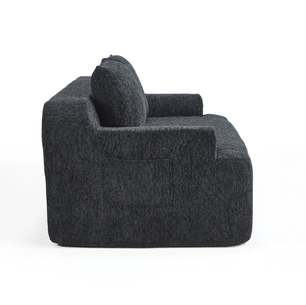 Divano letto modulare in tessuto nero con molle elicoidali, comfort elevato e cuscini sfoderabili