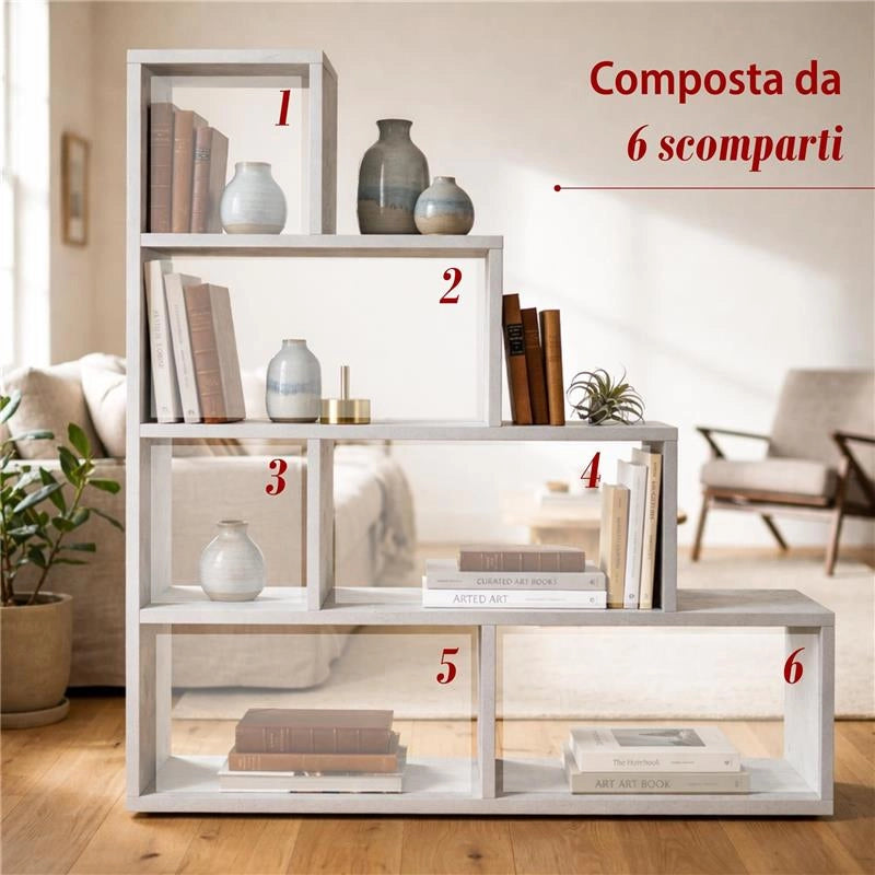 SCAFFALE A LIBRERIA DI DESIGN A SCALA L IN LEGNO DIMENSIONI 144X150X38 CM, COLORE OSSIDO BIANCO
