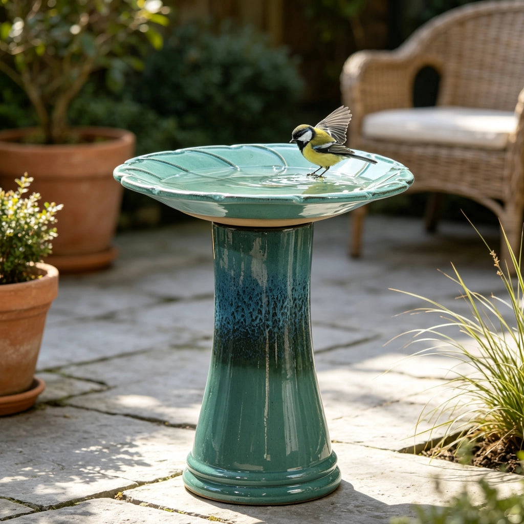 BAGNO per uccelli in ceramica Ø43x45 cm blu teal con piedistallo