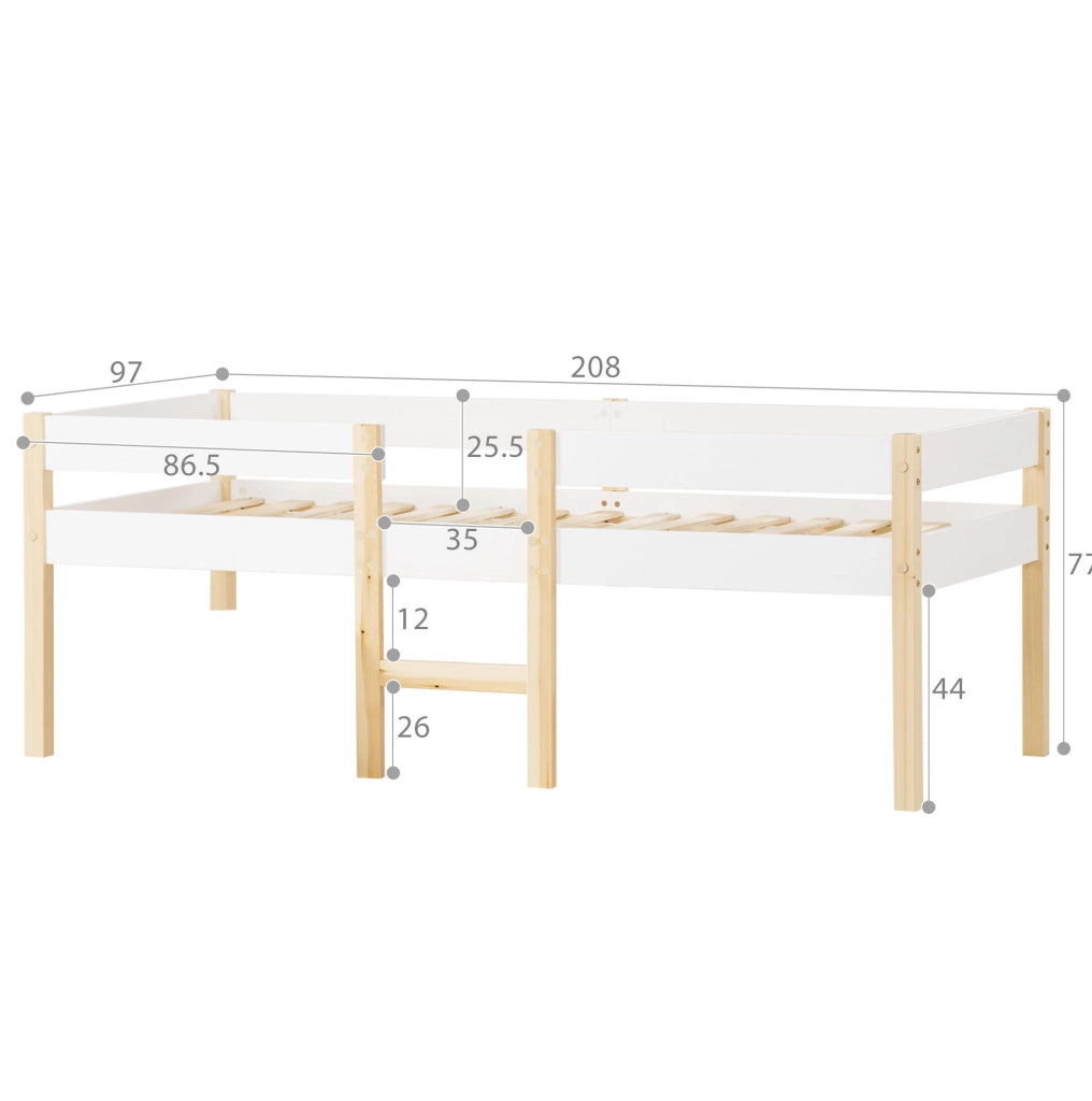 Letto semi-alto per bambini in pino massello bianco 90 x 200 cm