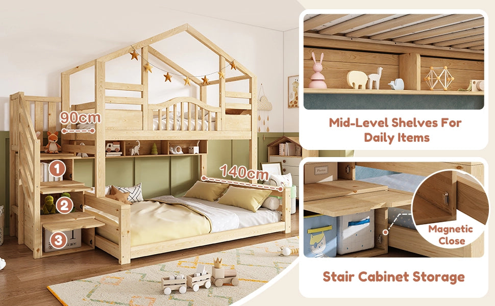 LETTO a castello con scaletta-armadio 90x200/140x200 cm Legno Naturale