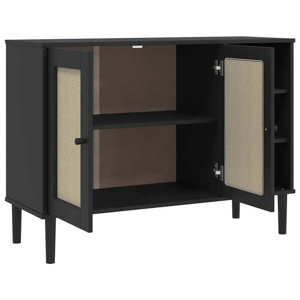 Credenza | Madia | Buffet da pranzo | Armadio da pranzo SENJA Aspetto Rattan Nero 112x40x80 cm Massello Pino