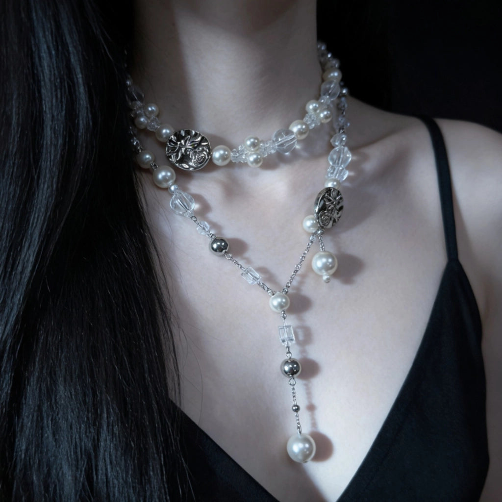 Collana da clavicola a strati in stile vintage con perline di cristallo rosa.