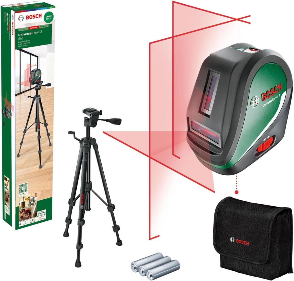 Bosch livella laser multifunzione UniversalLevel 3 (3 linee laser incl. linea verticale a 90° per una croce laser aggiuntiva sul soffitto e punto a piombo inferiore per allineamenti precisi)