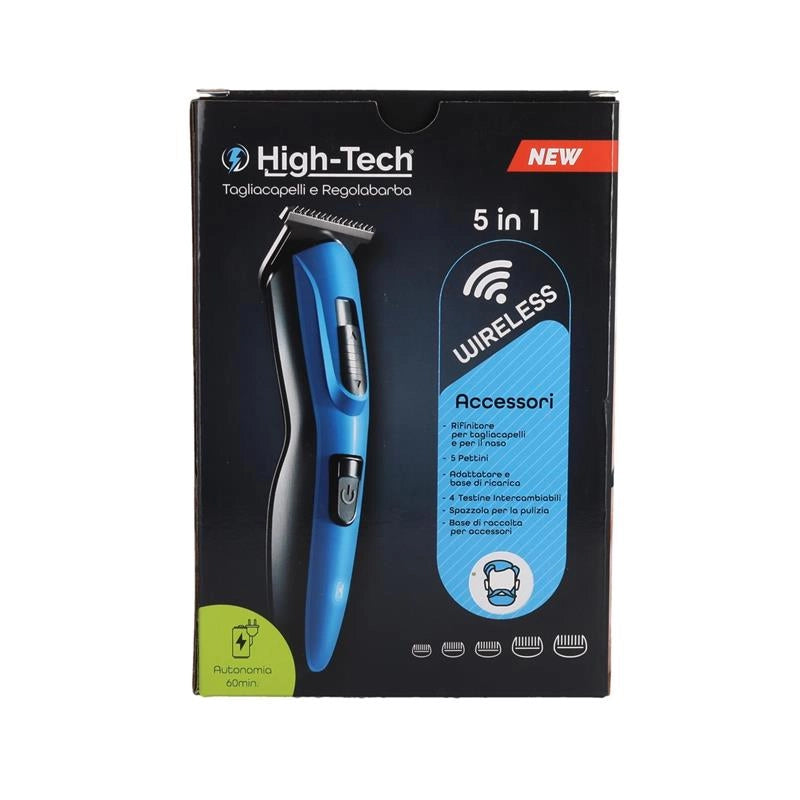 HIGH-TECH TAGLIA CAPELLI E REGOLABARBA WIRELESS 5 IN 1 CON AUTONOMIA DI RICARICA DI 60 MINUTI ASENZA FILI