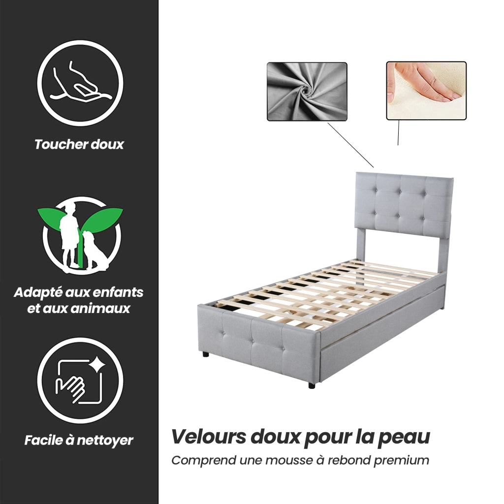 Letto singolo estraibile 90×200 cm e 90×190 cm con testiera regolabile; senza materasso; imbottito; grigio