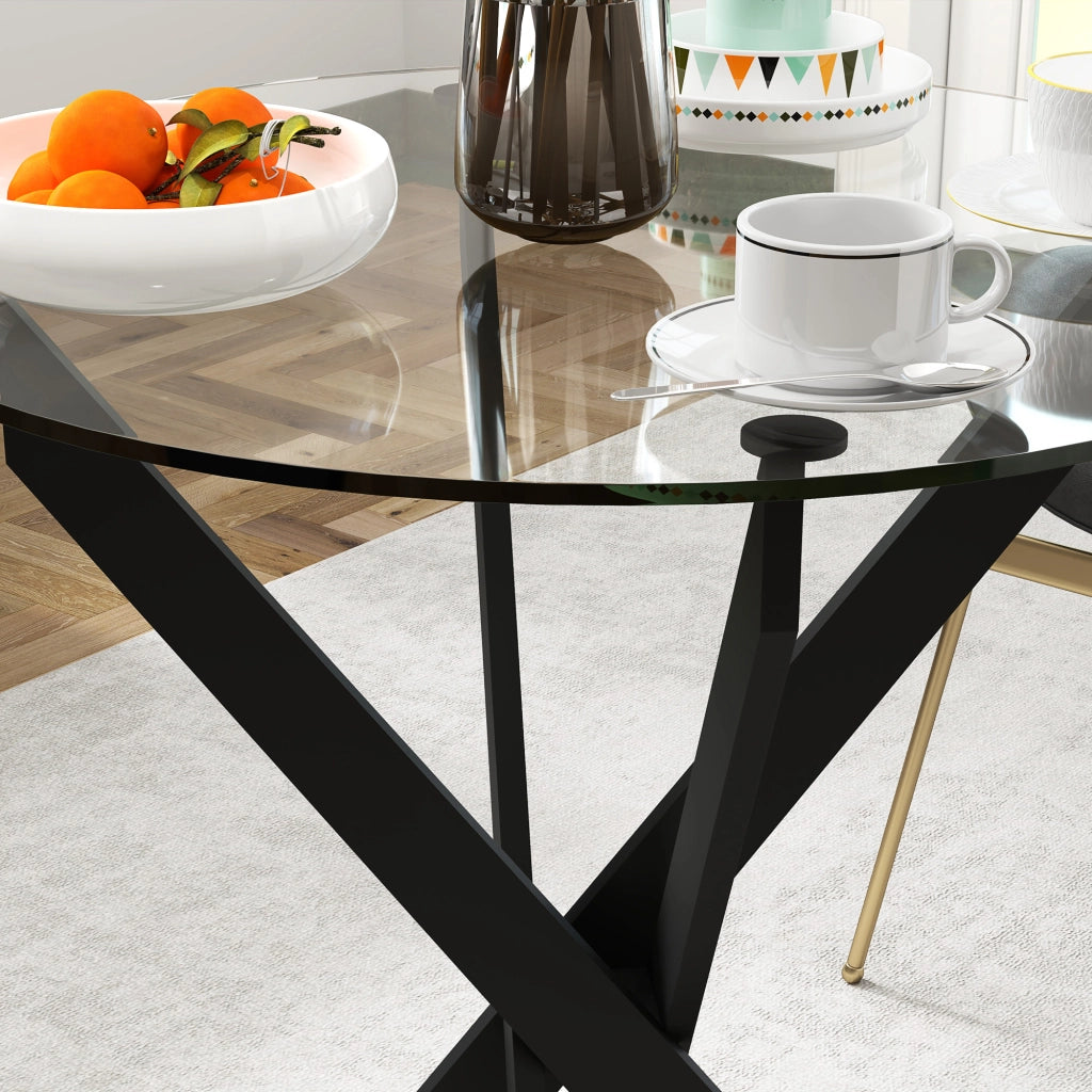 Tavolo da pranzo - rotondo per 4 - piano in vetro temperato - gambe in acciaio - Ø70x75 cm - nero+trasparente