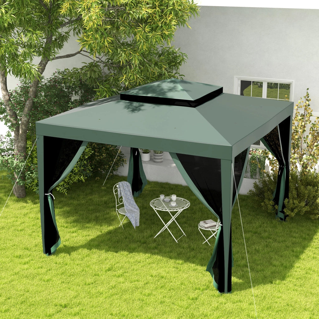 Gazebo da giardino 3x3 m ¨C Minimal ¨C verde con 4 zanzariere laterali e tetto doppio