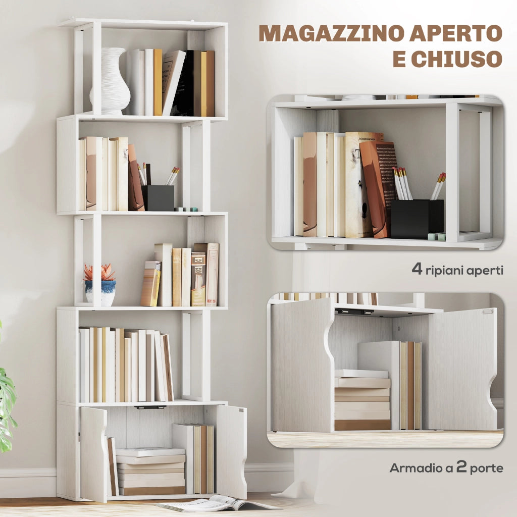 Libreria Moderna con 5 Ripiani e Armadietto a 2 Ante in Legno. 60x23.8x179.2 cm. Bianco
