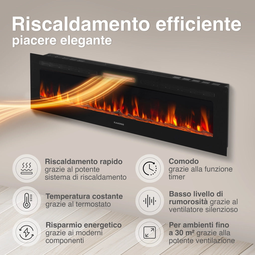 KAMINIO Camino elettrico MARLON - Camino elettrico 3 in 1 con riscaldatore, effetto fiamma 3D, 12 colori di fiamma, telecomando - 70 pollici