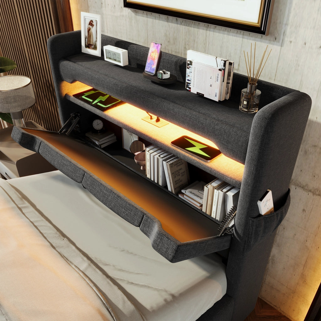 Letto singolo contenitore 90x200 cm con LED 360°; USB; USB-C; sollevamento idraulico e testiera portaoggetti; lino grigio