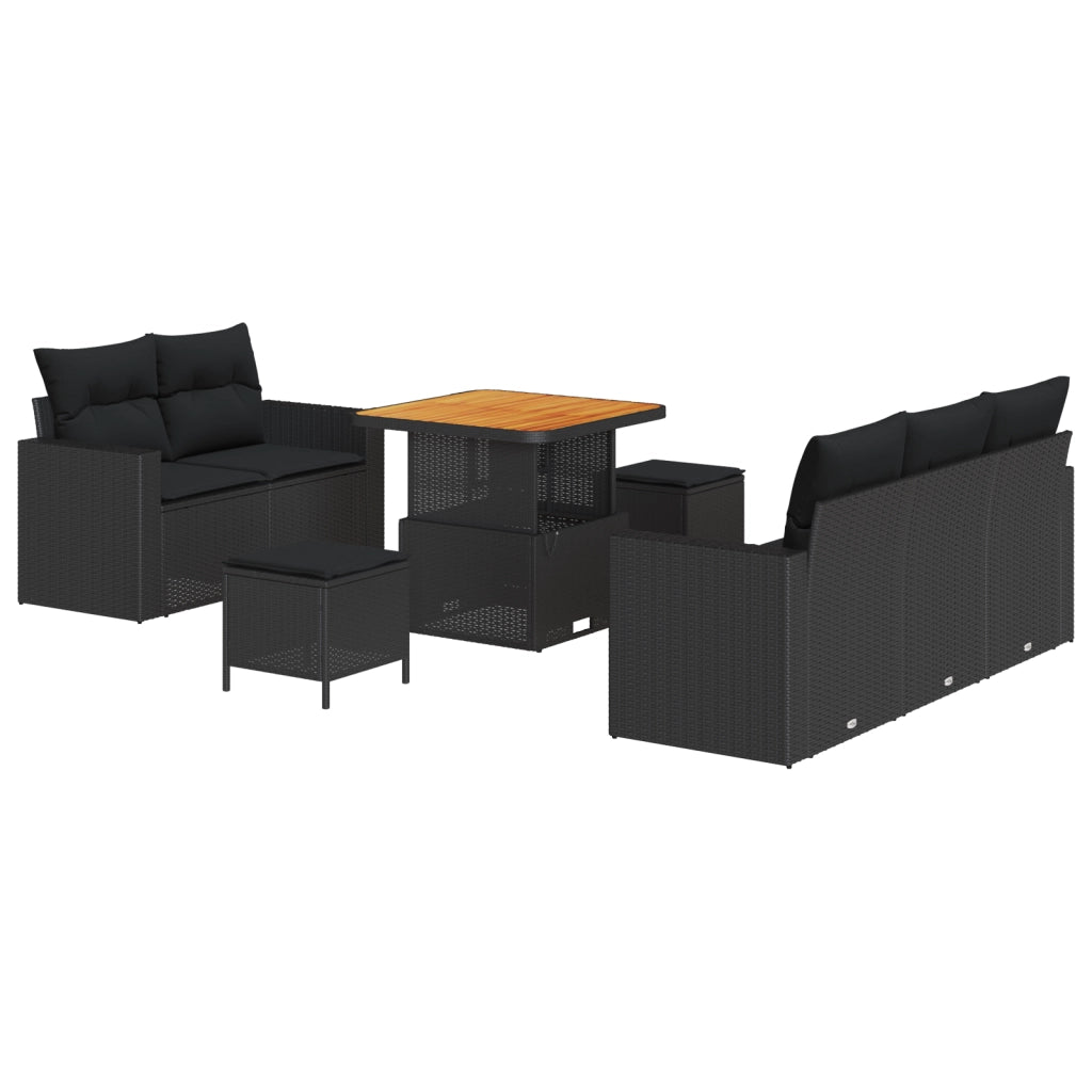 Set di divano da giardino 8 pezzi con cuscini in polyrattan nero