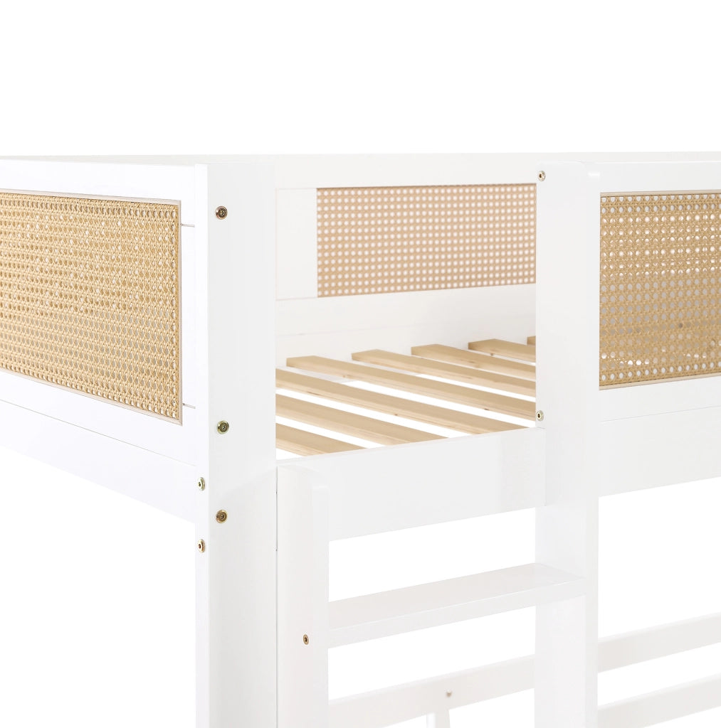 Letto a castello 90x200 cm con 3 cassetti e sponde di sicurezza; bianco e naturale