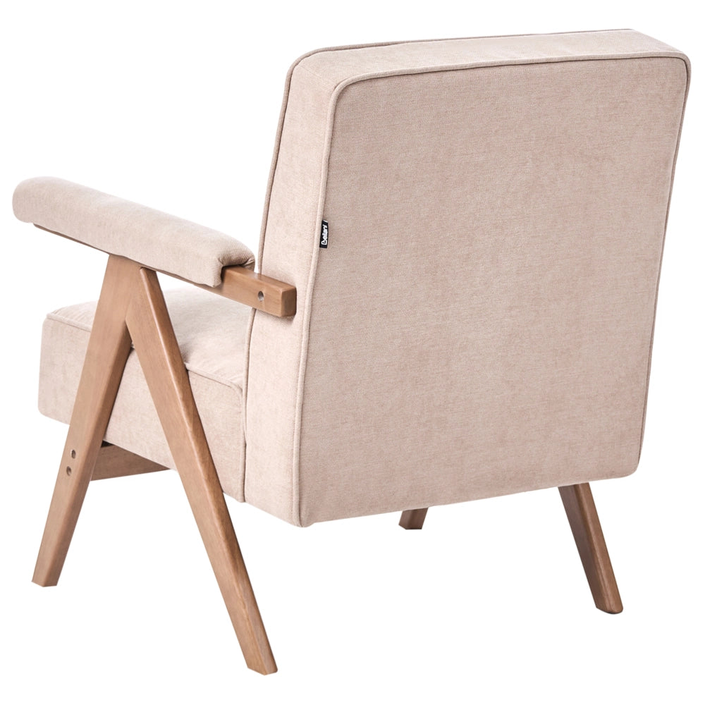 Poltrona in tessuto effetto lino tortora design retrò struttura in legno braccioli per soggiorno