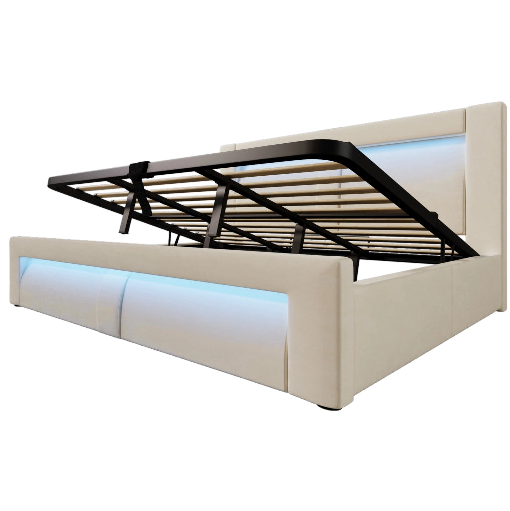 Letto matrimoniale ULEVR 180x200 cm contenitore con LED, USB e Type-C, velluto beige