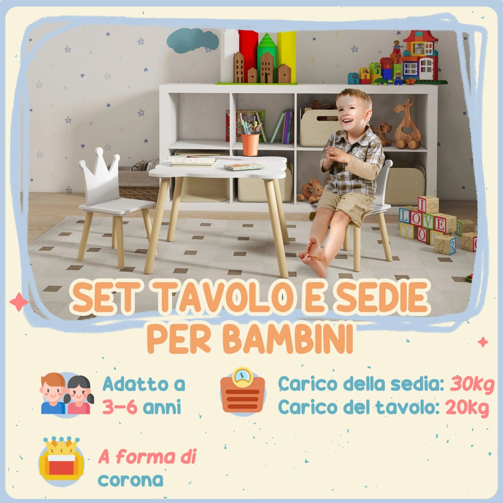 Set Tavolo e 2 Sedie per Bambini con Schienale a Corona, Et¨¤ 3-6 Anni, Bianco