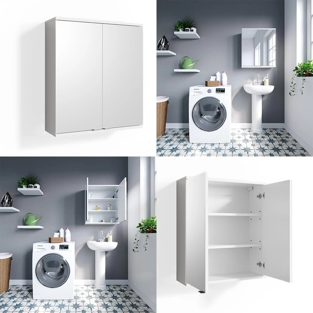 Specchio contenitore bagno Roy, Bianco, 60 x 68 cm, adatto per montaggio a parete e compatibile con la serie Roy