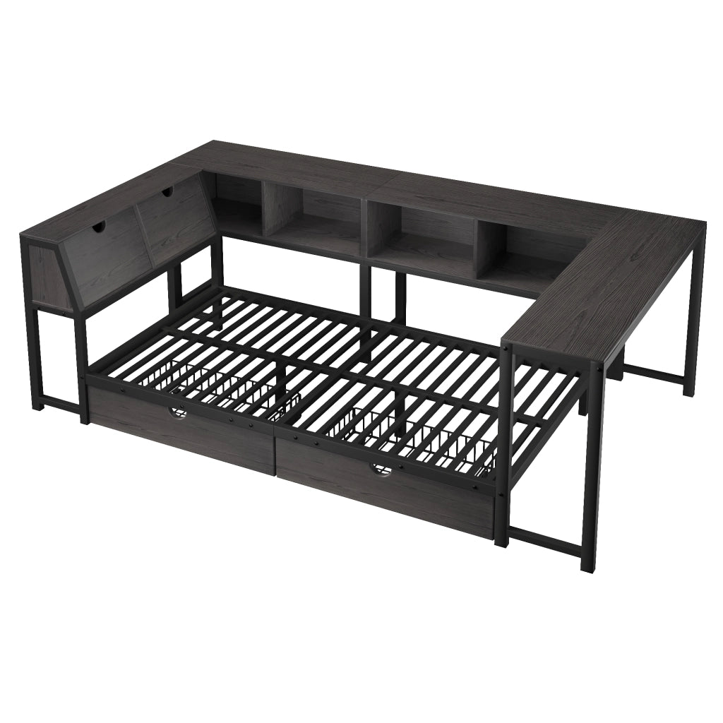 Letto singolo multifunzione 90x200 cm con scrivania; LED e cassetti; nero