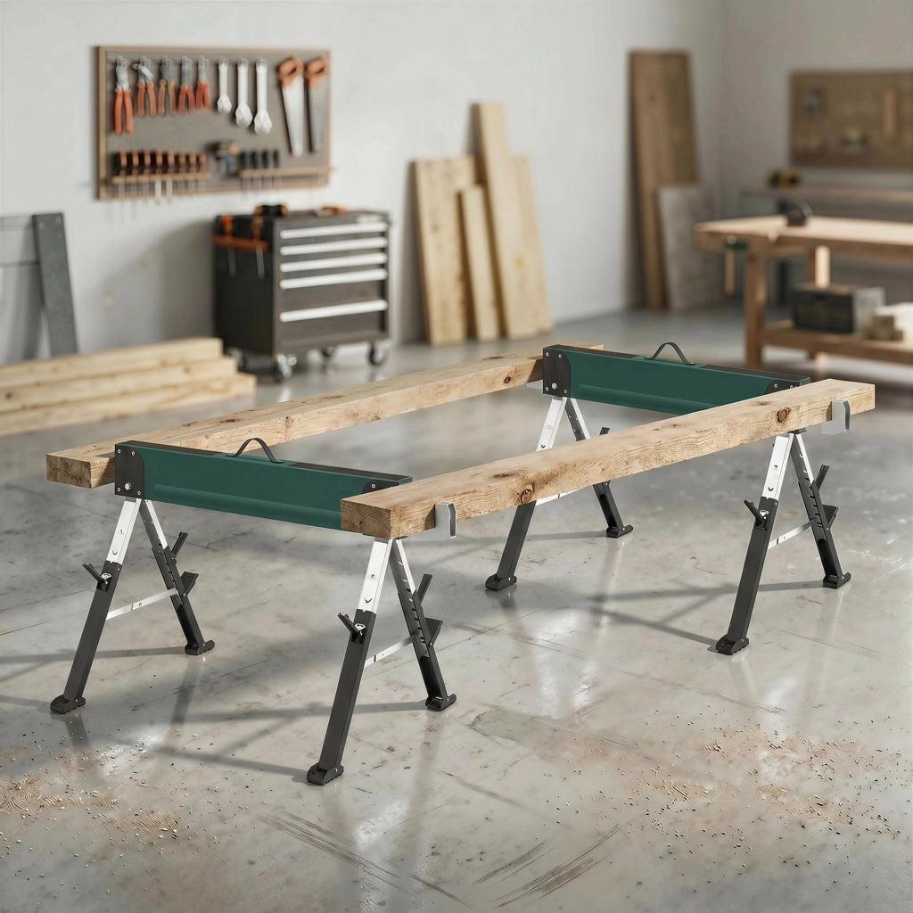 Coppia di Cavalletti Pieghevoli in Metallo ¨C Xylo ¨C Portata 1160kg, Altezza Regolabile 64-81cm, Verde