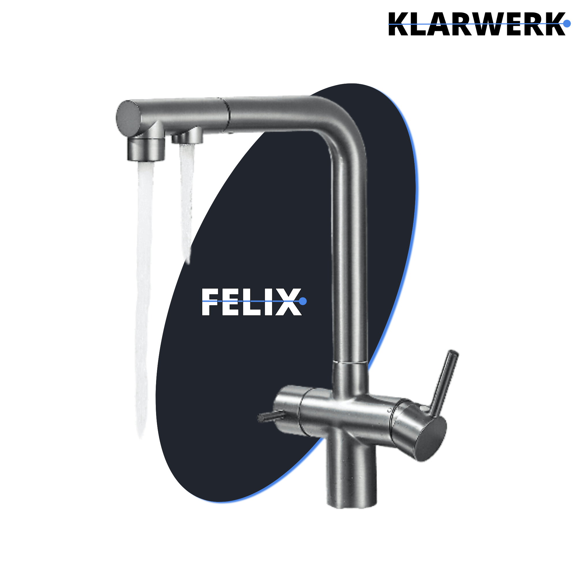 Felix | miscelatore estraibile 3 vie premium grigio titanio opaco | rubinetto da cucina a osmosi in acciaio inox| 360 gradi rotabile filtro 3 attacchi