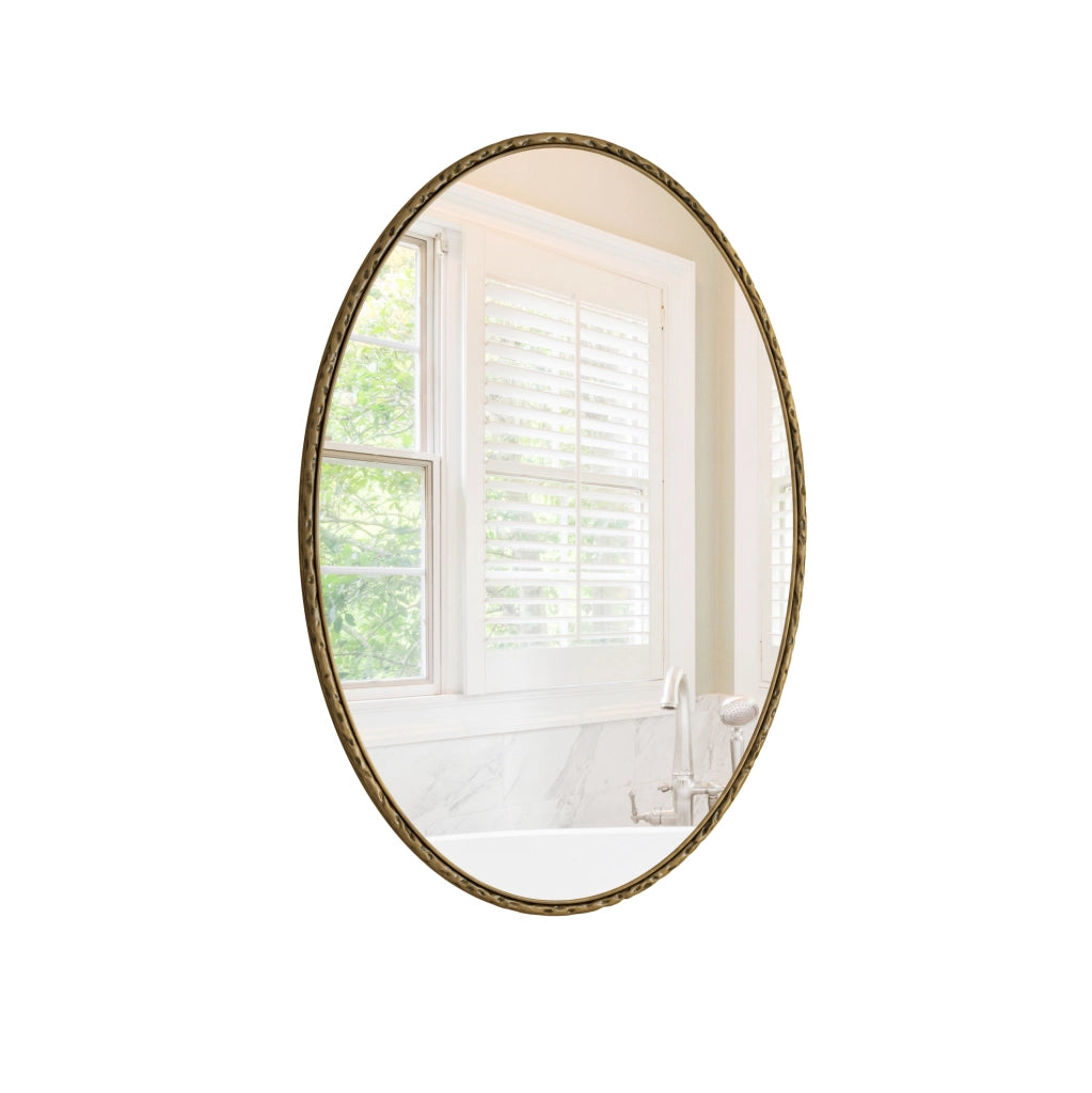 Specchio ovale da parete in vetro con cornice in ferro e supporto MDF; oro
