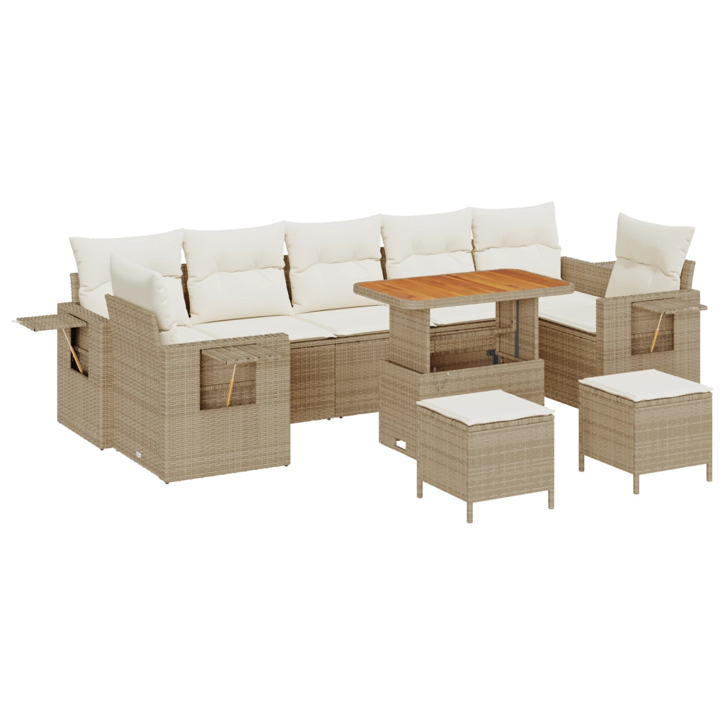 Set di Divani da Giardino a 10 Pezzi con Cuscini Beige in Rattan Poliestere Acacia