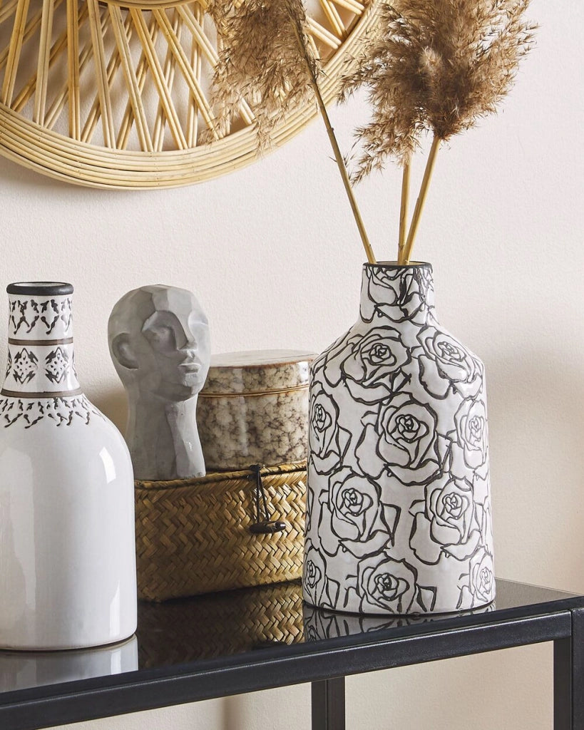 Vaso per fiori decorativo in gres porcellanato con motivo a rosa effetto craquelé bianco e Nero