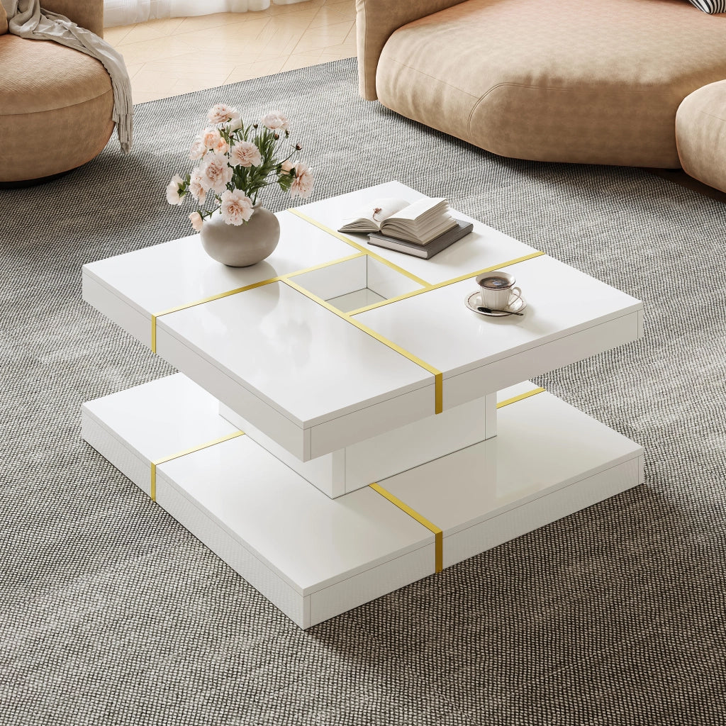 Tavolino da caffè con doppio ripiano e vano centrale - per soggiorno - 80 x 80 x 38 cm - bianco