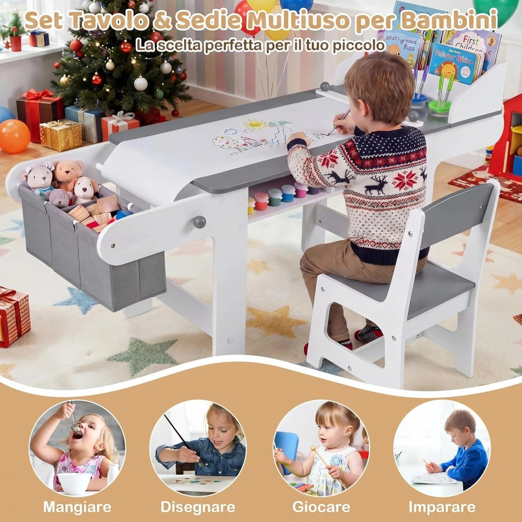 Set Tavolo e Sedia per Bambini 3+ Anni con Rotolo di Carta | Tavolo da Disegno Creativo con Vaschette per Colori e Contenitori in Tessuto, Mobile Montessori per Cameretta e Scuola