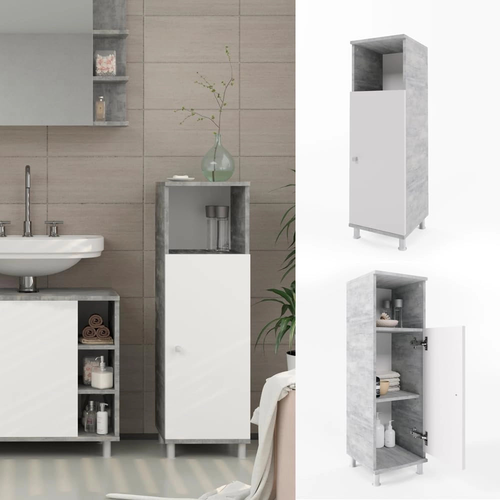 Mobile Midi Fynn, Calcestruzzo, 30 x 95 cm, per la conservazione di accessori da bagno e compatibile con Fynn