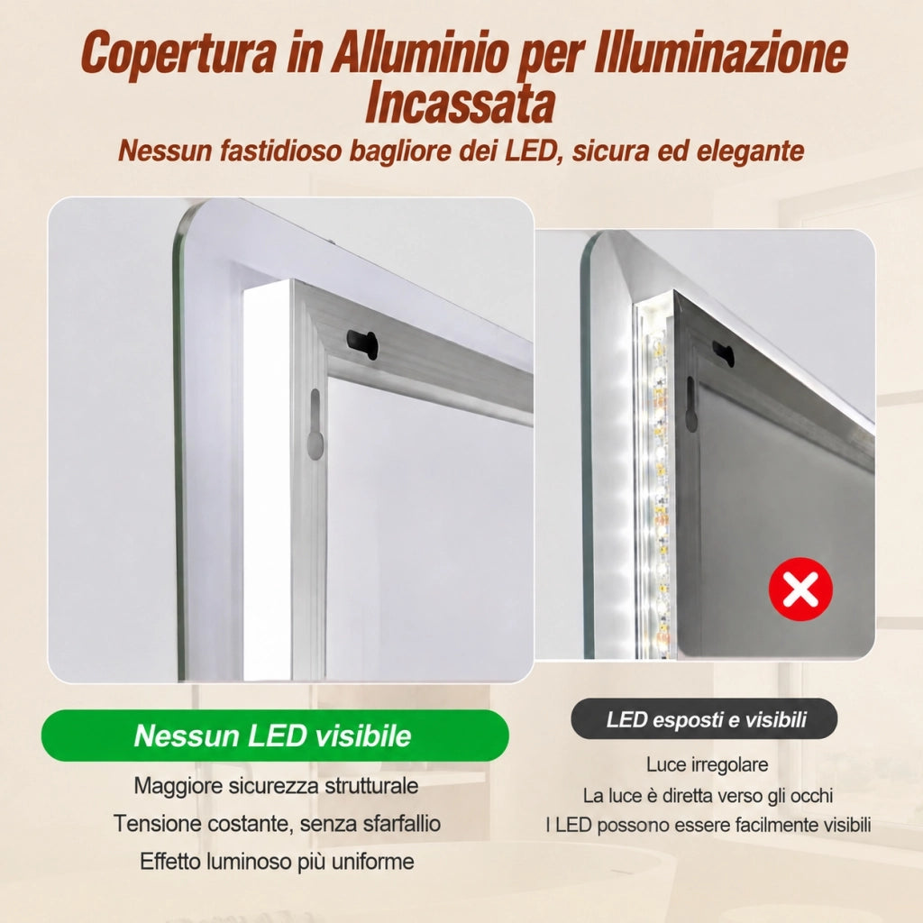 Specchio da bagno a LED 60x120 cm senza cornice; retroilluminato e frontale; antiappannamento; vetro HD; argento